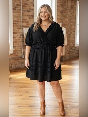 Girl Soul Black V-Neck Ruffle Dress Size 3X Boho Chic Frayed Detail Viscose